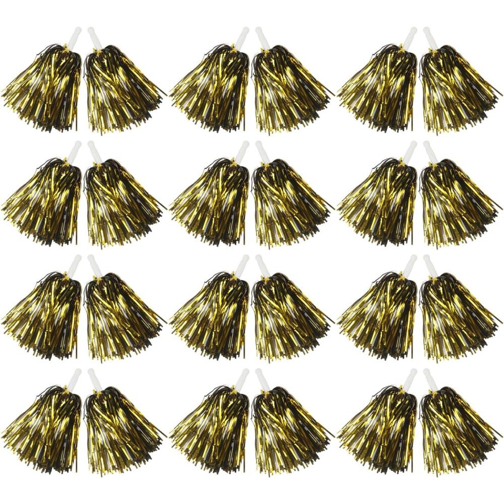 imageHooshing 1224100PCS Pom Poms Cheerleading Metallic Foil Cheer Pom Poms with Plastic Handles for Rooters Cheering Squad Team Spirit SportsBlack and Gold