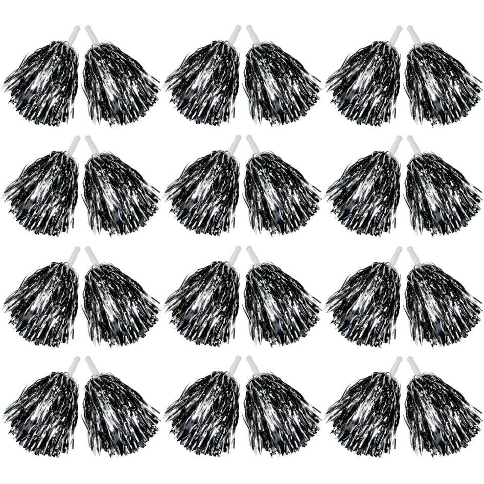 imageHooshing 1224100PCS Pom Poms Cheerleading Metallic Foil Cheer Pom Poms with Plastic Handles for Rooters Cheering Squad Team Spirit SportsBlack and Silver