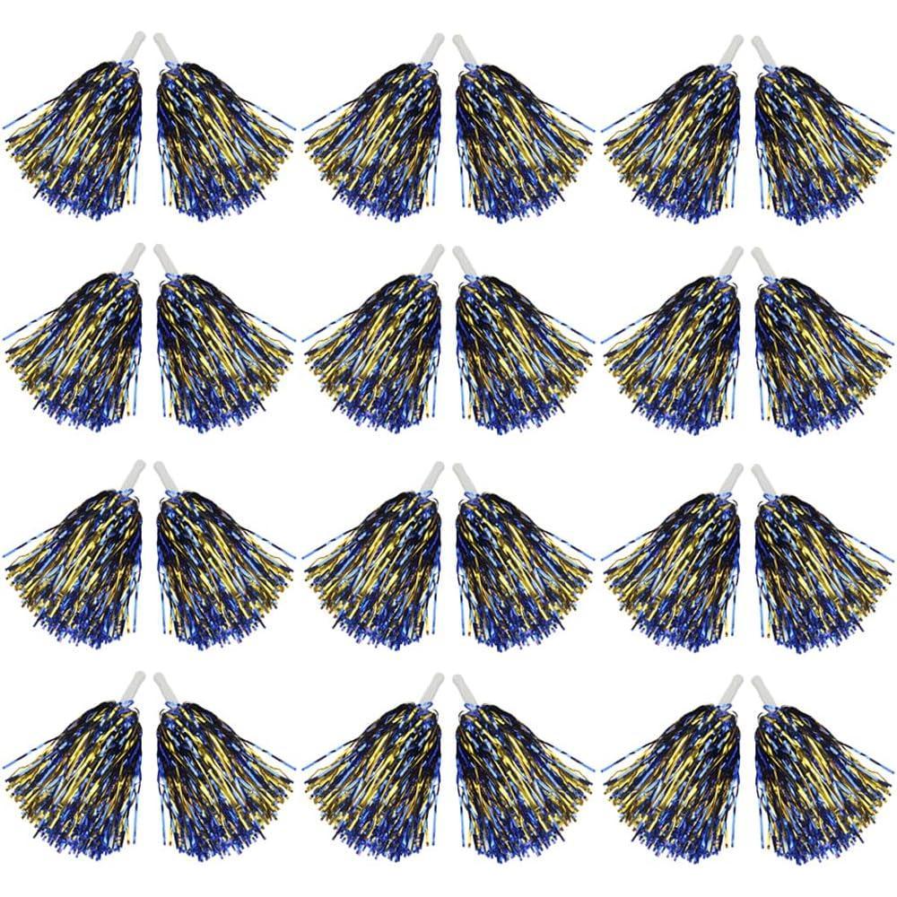 imageHooshing 1224100PCS Pom Poms Cheerleading Metallic Foil Cheer Pom Poms with Plastic Handles for Rooters Cheering Squad Team Spirit SportsBlue and Gold