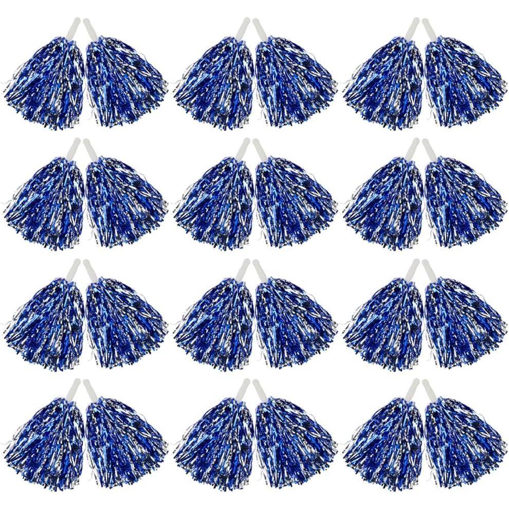 imageHooshing 1224100PCS Pom Poms Cheerleading Metallic Foil Cheer Pom Poms with Plastic Handles for Rooters Cheering Squad Team Spirit SportsBlue and Silver