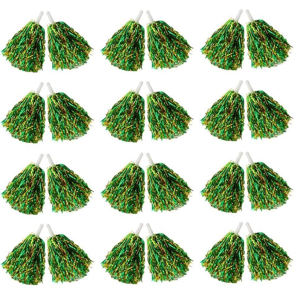 imageHooshing 1224100PCS Pom Poms Cheerleading Metallic Foil Cheer Pom Poms with Plastic Handles for Rooters Cheering Squad Team Spirit SportsGold and Green
