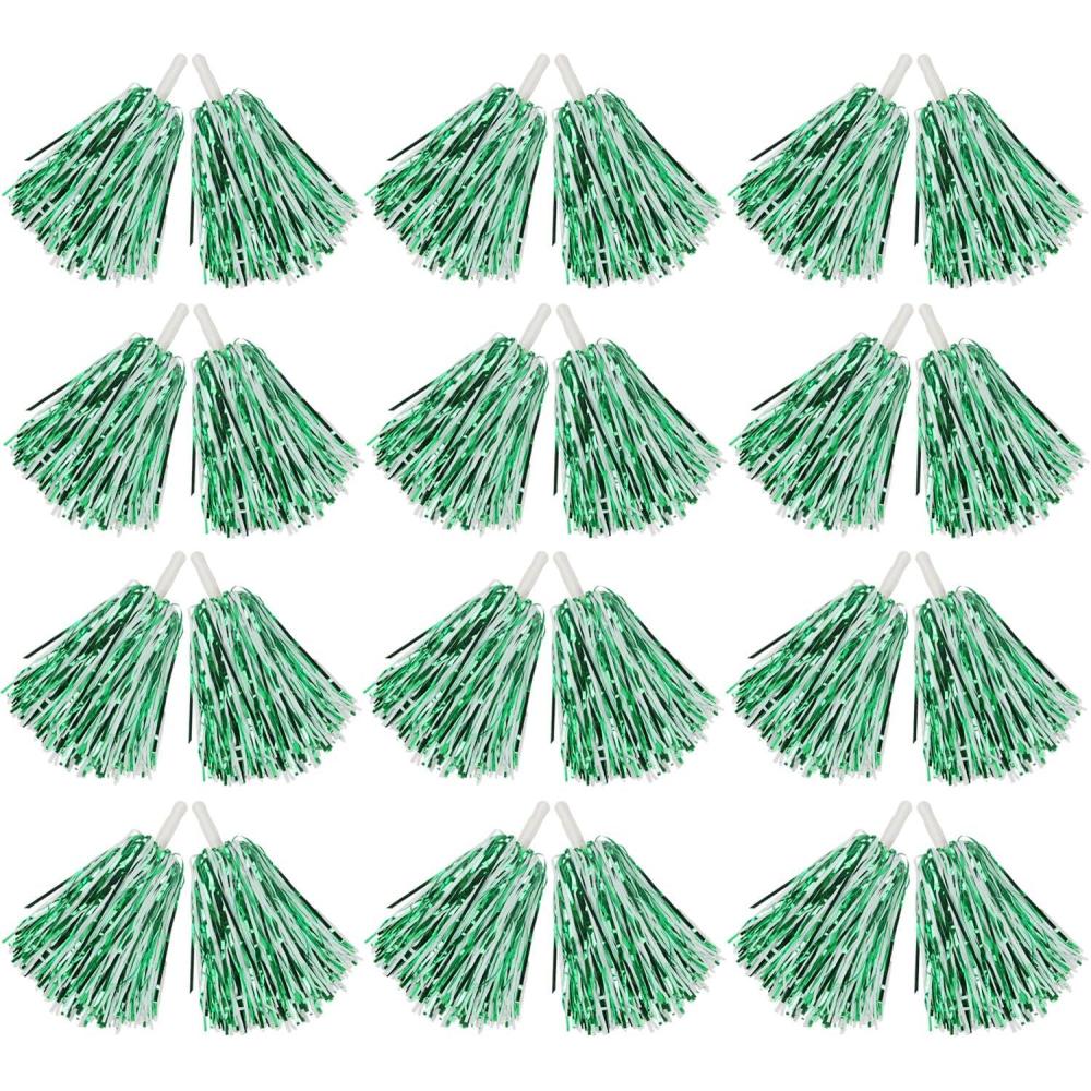 imageHooshing 1224100PCS Pom Poms Cheerleading Metallic Foil Cheer Pom Poms with Plastic Handles for Rooters Cheering Squad Team Spirit SportsGreen and White