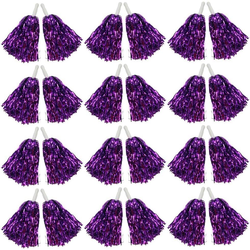 imageHooshing 1224100PCS Pom Poms Cheerleading Metallic Foil Cheer Pom Poms with Plastic Handles for Rooters Cheering Squad Team Spirit SportsPurple