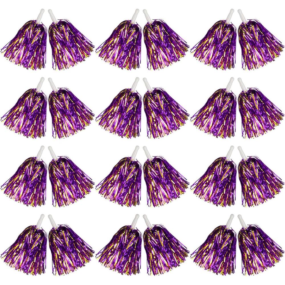 imageHooshing 1224100PCS Pom Poms Cheerleading Metallic Foil Cheer Pom Poms with Plastic Handles for Rooters Cheering Squad Team Spirit SportsPurple and Gold