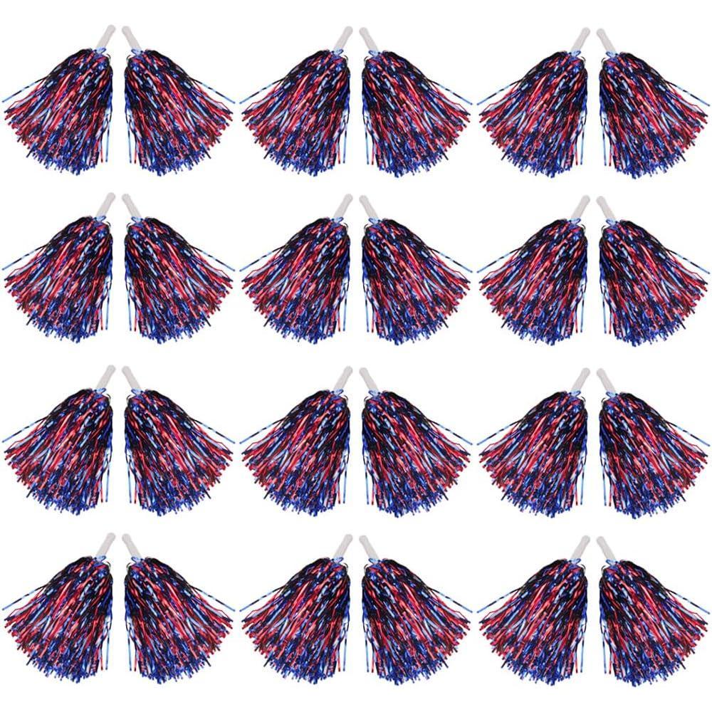 imageHooshing 1224100PCS Pom Poms Cheerleading Metallic Foil Cheer Pom Poms with Plastic Handles for Rooters Cheering Squad Team Spirit SportsRed and Blue
