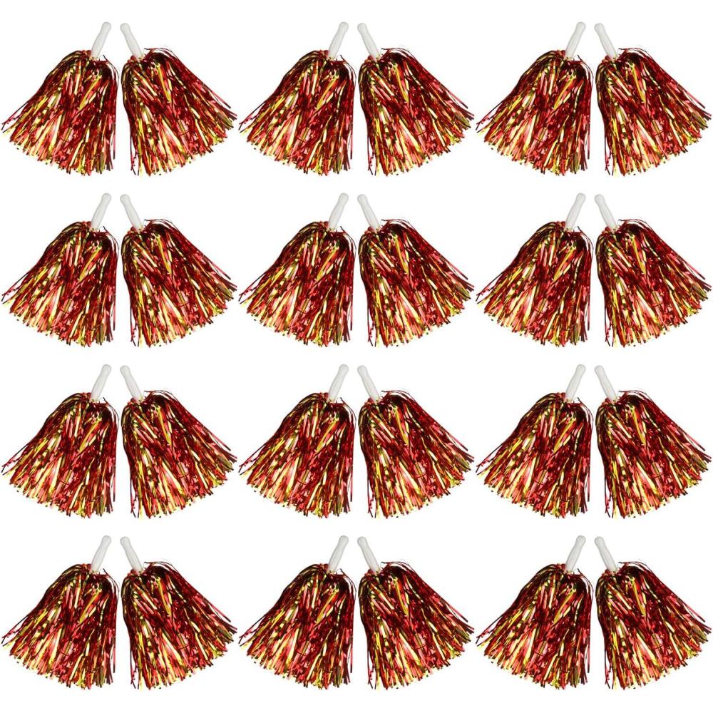 imageHooshing 1224100PCS Pom Poms Cheerleading Metallic Foil Cheer Pom Poms with Plastic Handles for Rooters Cheering Squad Team Spirit SportsRed and Gold