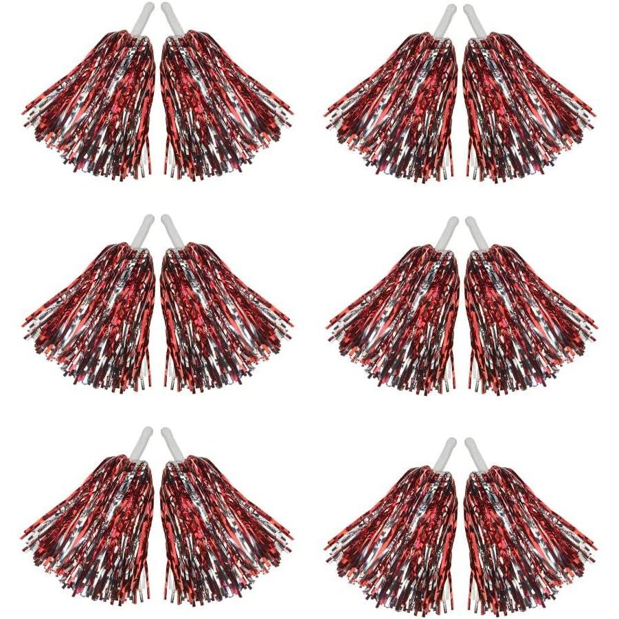 imageHooshing 1224100PCS Pom Poms Cheerleading Metallic Foil Cheer Pom Poms with Plastic Handles for Rooters Cheering Squad Team Spirit SportsRed and Silver