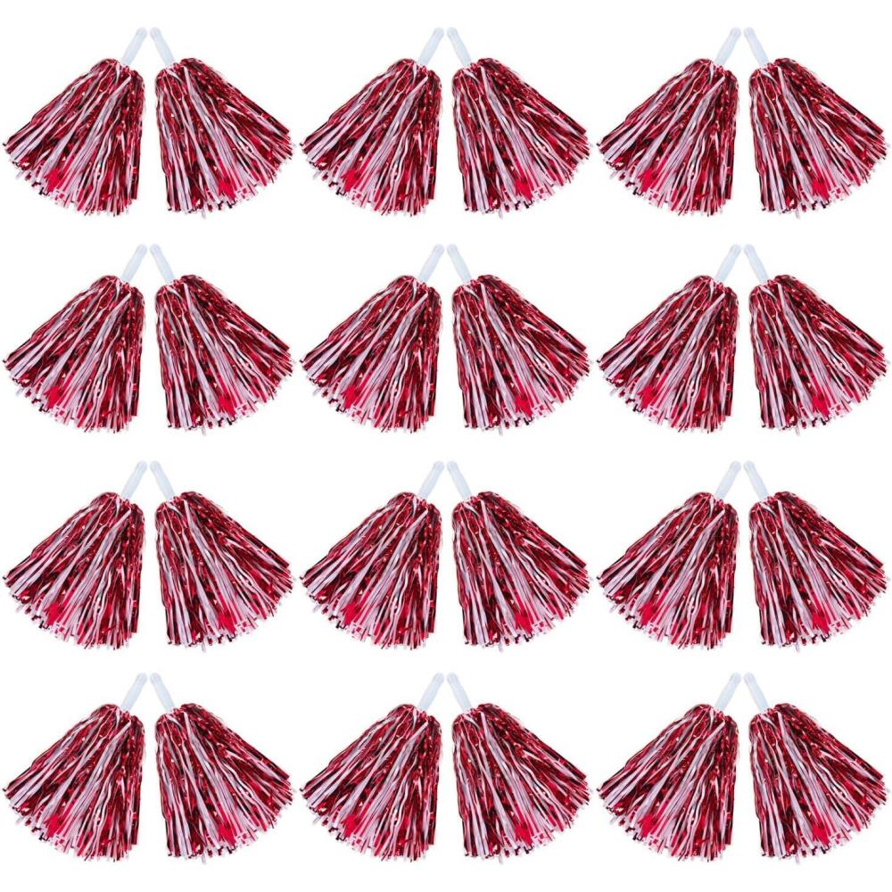imageHooshing 1224100PCS Pom Poms Cheerleading Metallic Foil Cheer Pom Poms with Plastic Handles for Rooters Cheering Squad Team Spirit SportsRed and White
