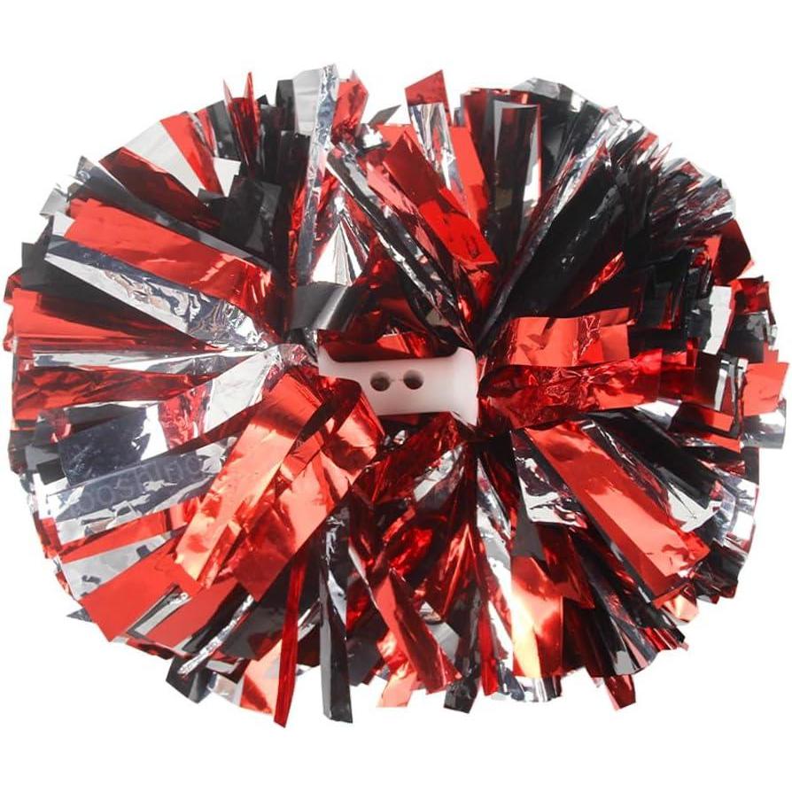 imageHooshing 2PCS Pom Poms Cheerleading Professional Cheer Pom Poms with Baton Handle No Zip Tie for Cheer Squad Team Sports Spirited Party Dance TrainingBlack and Red ans Silver