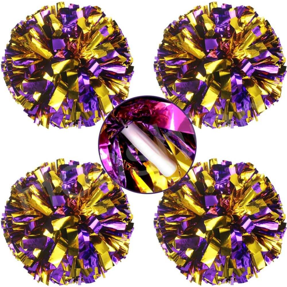 imageHooshing 4PCS Cheer Pom Poms with Plastic Handle Cheerleading Pompoms for Kids Team Sports Party CheeringPurple and Gold