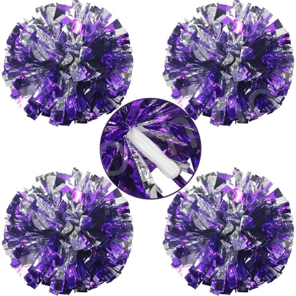 imageHooshing 4PCS Cheer Pom Poms with Plastic Handle Cheerleading Pompoms for Kids Team Sports Party CheeringPurple and Silver