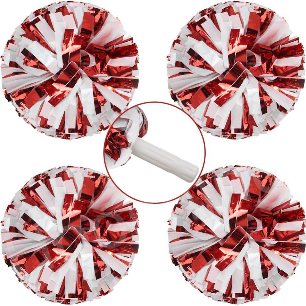 imageHooshing 4PCS Cheer Pom Poms with Plastic Handle Cheerleading Pompoms for Kids Team Sports Party CheeringRed and White
