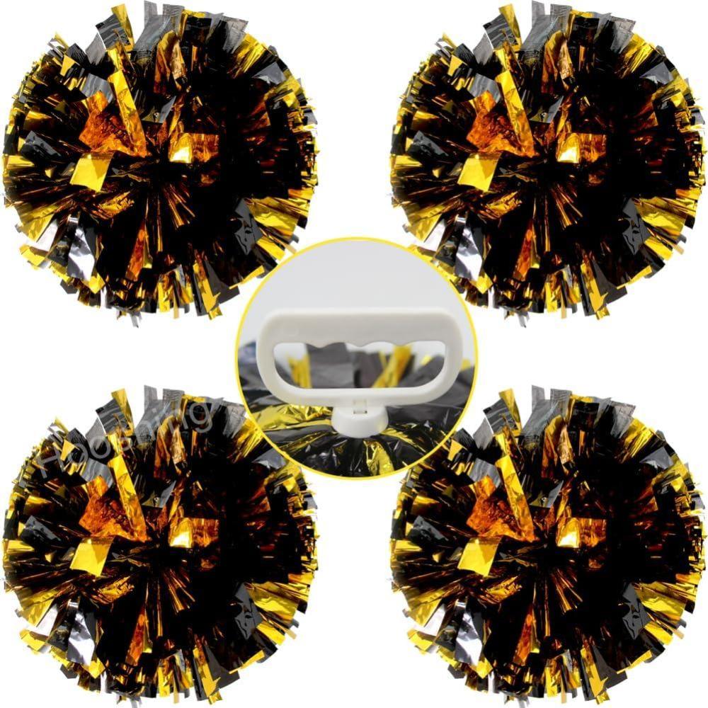 imageHooshing 4PCS Pom Poms Cheerleading with FingerFriendly Handle for Cheering Squad ampamp Dance TeamGold and Black