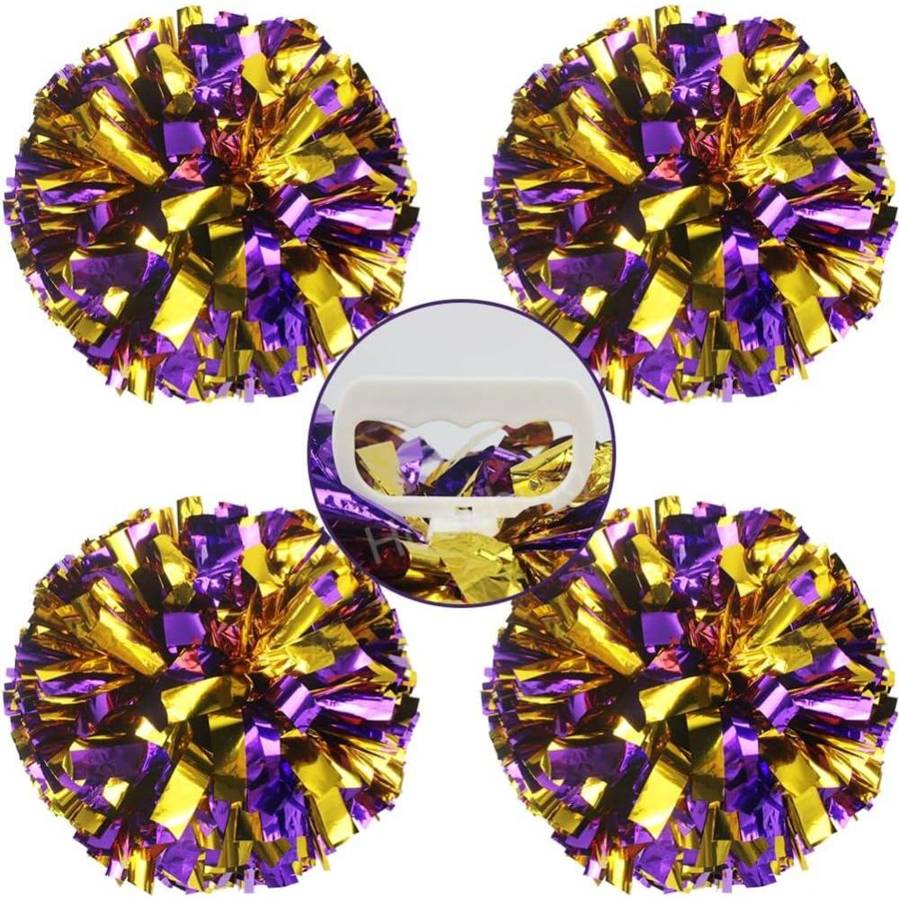 imageHooshing 4PCS Pom Poms Cheerleading with FingerFriendly Handle for Cheering Squad ampamp Dance TeamPurple and Gold