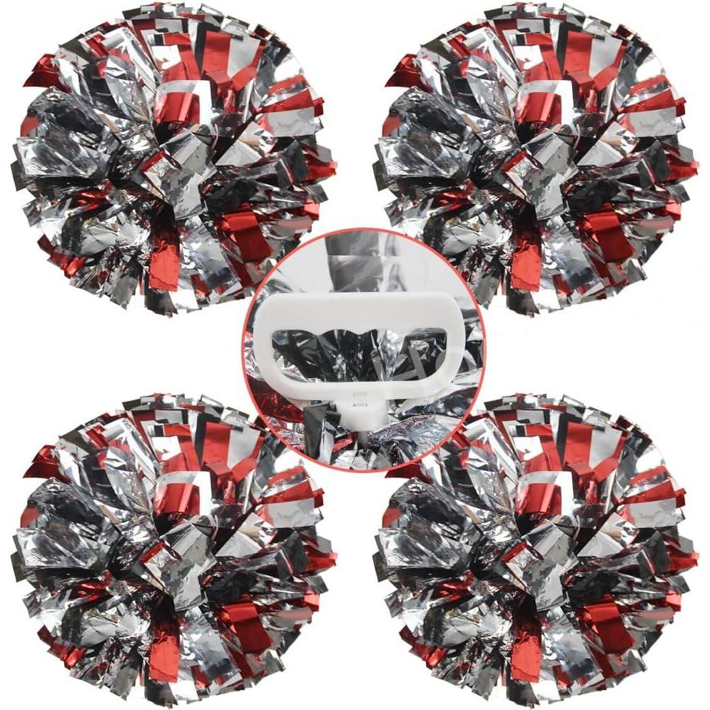 imageHooshing 4PCS Pom Poms Cheerleading with FingerFriendly Handle for Cheering Squad ampamp Dance TeamRed and Black and Silver