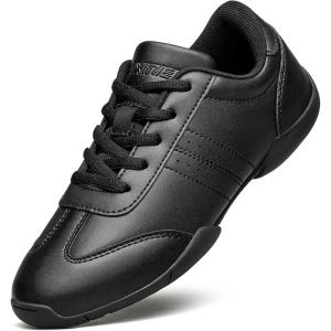 BAXINIER Youth Girls White Cheerleading Dancing Shoes Athletic Training Tennis Walking Breathable Competition Cheer Sneakers(Black 2116-girls)
