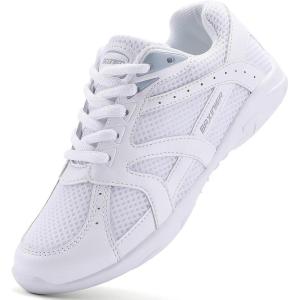 BAXINIER Youth Girls White Cheerleading Dancing Shoes Athletic Training Tennis Walking Breathable Competition Cheer Sneakers(White&grey 101)