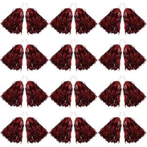Hooshing 12/24/100PCS Pom Poms Cheerleading Metallic Foil Cheer Pom Poms with Plastic Handles for Rooters Cheering Squad Team Spirit Sports(Black and Red)