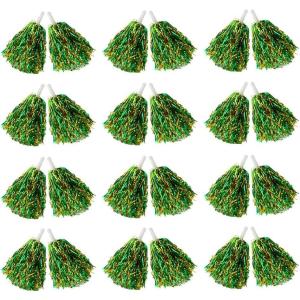Hooshing 12/24/100PCS Pom Poms Cheerleading Metallic Foil Cheer Pom Poms with Plastic Handles for Rooters Cheering Squad Team Spirit Sports(Gold and Green)