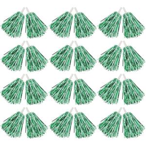 Hooshing 12/24/100PCS Pom Poms Cheerleading Metallic Foil Cheer Pom Poms with Plastic Handles for Rooters Cheering Squad Team Spirit Sports(Green and White)