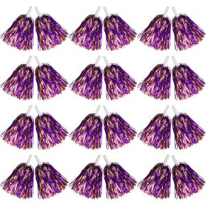 Hooshing 12/24/100PCS Pom Poms Cheerleading Metallic Foil Cheer Pom Poms with Plastic Handles for Rooters Cheering Squad Team Spirit Sports(Purple and Gold)