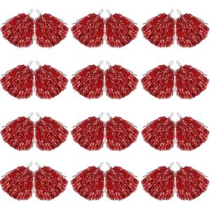 Hooshing 12/24/100PCS Pom Poms Cheerleading Metallic Foil Cheer Pom Poms with Plastic Handles for Rooters Cheering Squad Team Spirit Sports(Red)