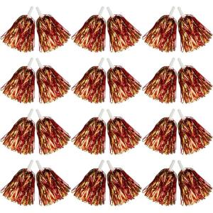 Hooshing 12/24/100PCS Pom Poms Cheerleading Metallic Foil Cheer Pom Poms with Plastic Handles for Rooters Cheering Squad Team Spirit Sports(Red and Gold)