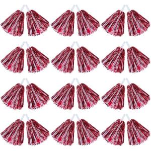 Hooshing 12/24/100PCS Pom Poms Cheerleading Metallic Foil Cheer Pom Poms with Plastic Handles for Rooters Cheering Squad Team Spirit Sports(Red and White)
