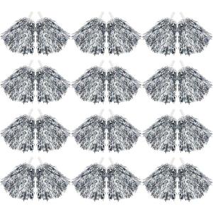Hooshing 12/24/100PCS Pom Poms Cheerleading Metallic Foil Cheer Pom Poms with Plastic Handles for Rooters Cheering Squad Team Spirit Sports(Silver)