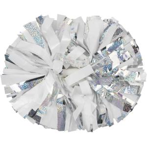 Hooshing 2/6/12PCS Cheerleading Pom Poms with Baton Handle for Team Spirit Sports Dance Cheering Kids Adults(Holographic Silver and White)