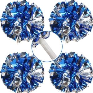 Hooshing 4PCS Cheer Pom Poms with Plastic Handle Cheerleading Pompoms for Kids Team Sports Party Cheering(Blue and Silver)