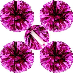 Hooshing 4PCS Cheer Pom Poms with Plastic Handle Cheerleading Pompoms for Kids Team Sports Party Cheering(Hot Pink)