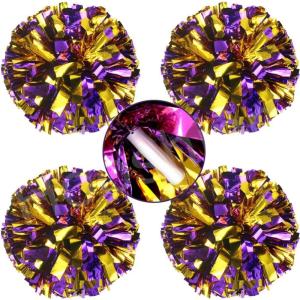 Hooshing 4PCS Cheer Pom Poms with Plastic Handle Cheerleading Pompoms for Kids Team Sports Party Cheering(Purple and Gold)