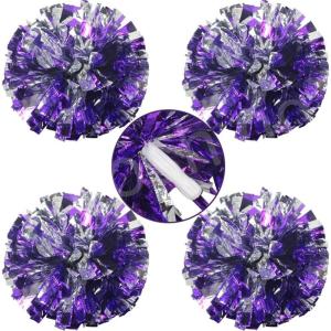 Hooshing 4PCS Cheer Pom Poms with Plastic Handle Cheerleading Pompoms for Kids Team Sports Party Cheering(Purple and Silver)