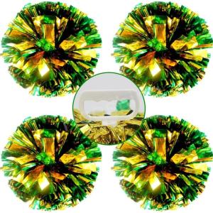 Hooshing 4PCS Pom Poms Cheerleading with Finger-Friendly Handle for Cheering Squad & Dance Team(Green and Gold)