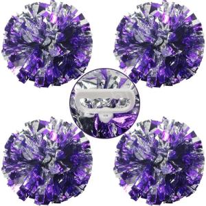 Hooshing 4PCS Pom Poms Cheerleading with Finger-Friendly Handle for Cheering Squad & Dance Team(Purple and Silver)