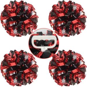Hooshing 4PCS Pom Poms Cheerleading with Finger-Friendly Handle for Cheering Squad & Dance Team(Red and Black)