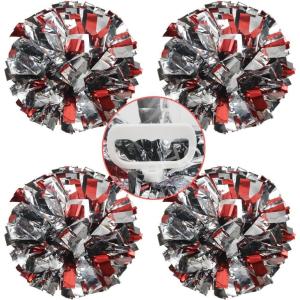 Hooshing 4PCS Pom Poms Cheerleading with Finger-Friendly Handle for Cheering Squad & Dance Team(Red and Black and Silver)