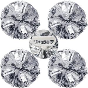 Hooshing 4PCS Pom Poms Cheerleading with Finger-Friendly Handle for Cheering Squad & Dance Team(Silver)