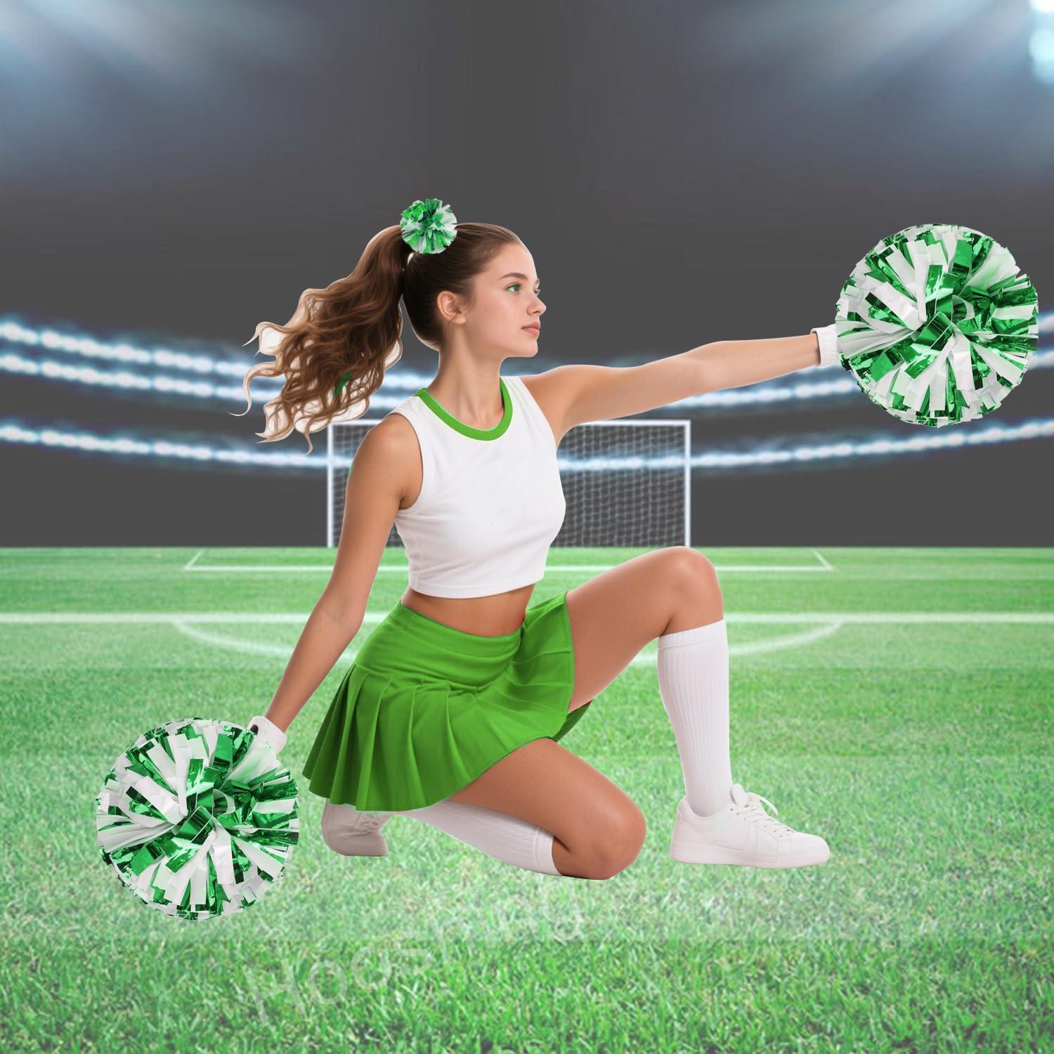 imageHooshing 5PCS Cheerleading Pom Poms and Cheerleader Girls Hair Ties with Poms for Sports Spirits Kids Adults Basketball Football Birthday Party PerformanceGreen and White