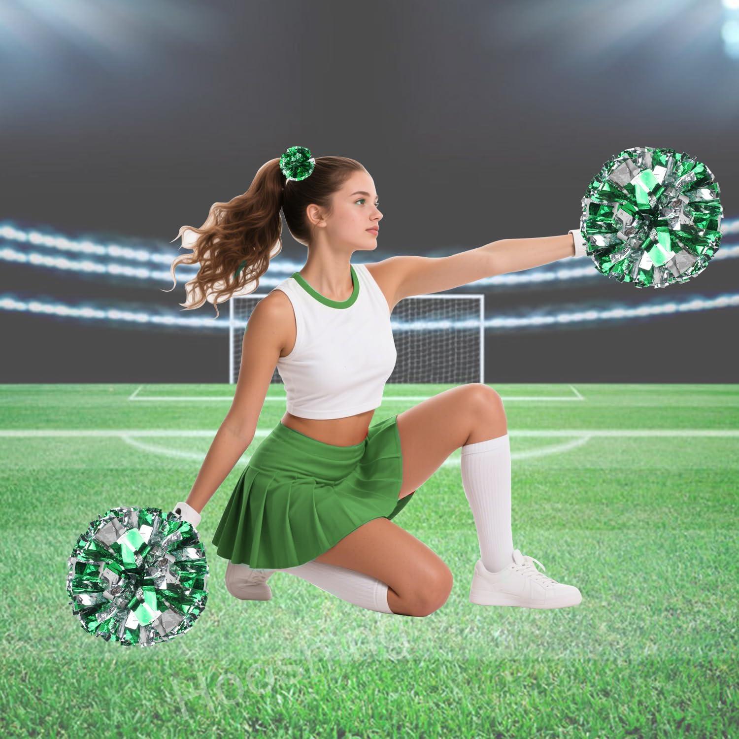 imageHooshing 5PCS Cheerleading Pom Poms and Cheerleader Girls Hair Ties with Poms for Sports Spirits Kids Adults Basketball Football Birthday Party PerformanceGreen and Silver