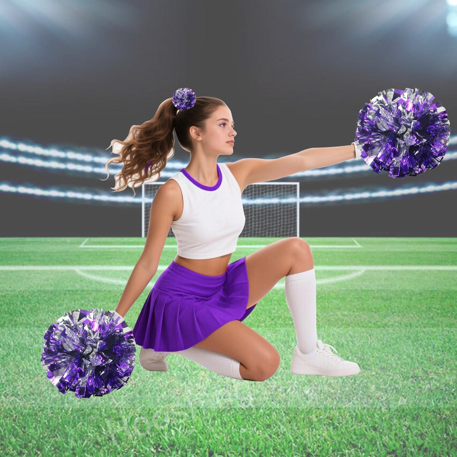 imageHooshing 5PCS Cheerleading Pom Poms and Cheerleader Girls Hair Ties with Poms for Sports Spirits Kids Adults Basketball Football Birthday Party PerformancePurple and Silver
