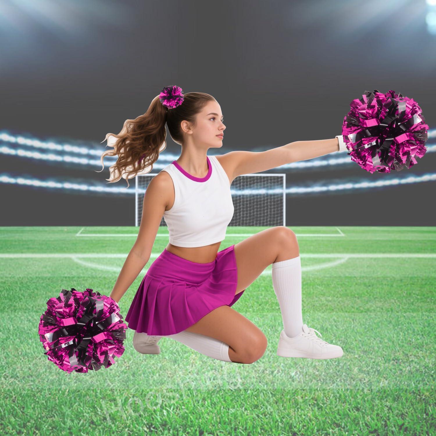 imageHooshing 5PCS Cheerleading Pom Poms and Cheerleader Girls Hair Ties with Poms for Sports Spirits Kids Adults Basketball Football Birthday Party PerformanceBlack and Hot Pink