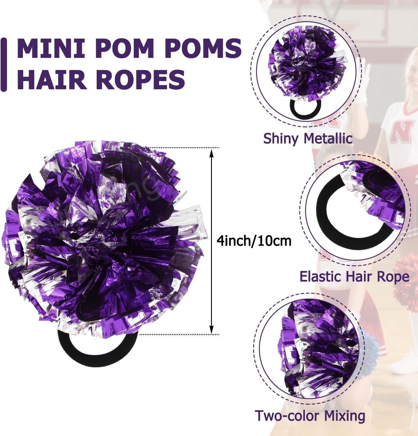 imageHooshing 5PCS Cheerleading Pom Poms and Cheerleader Girls Hair Ties with Poms for Sports Spirits Kids Adults Basketball Football Birthday Party PerformancePurple and Silver