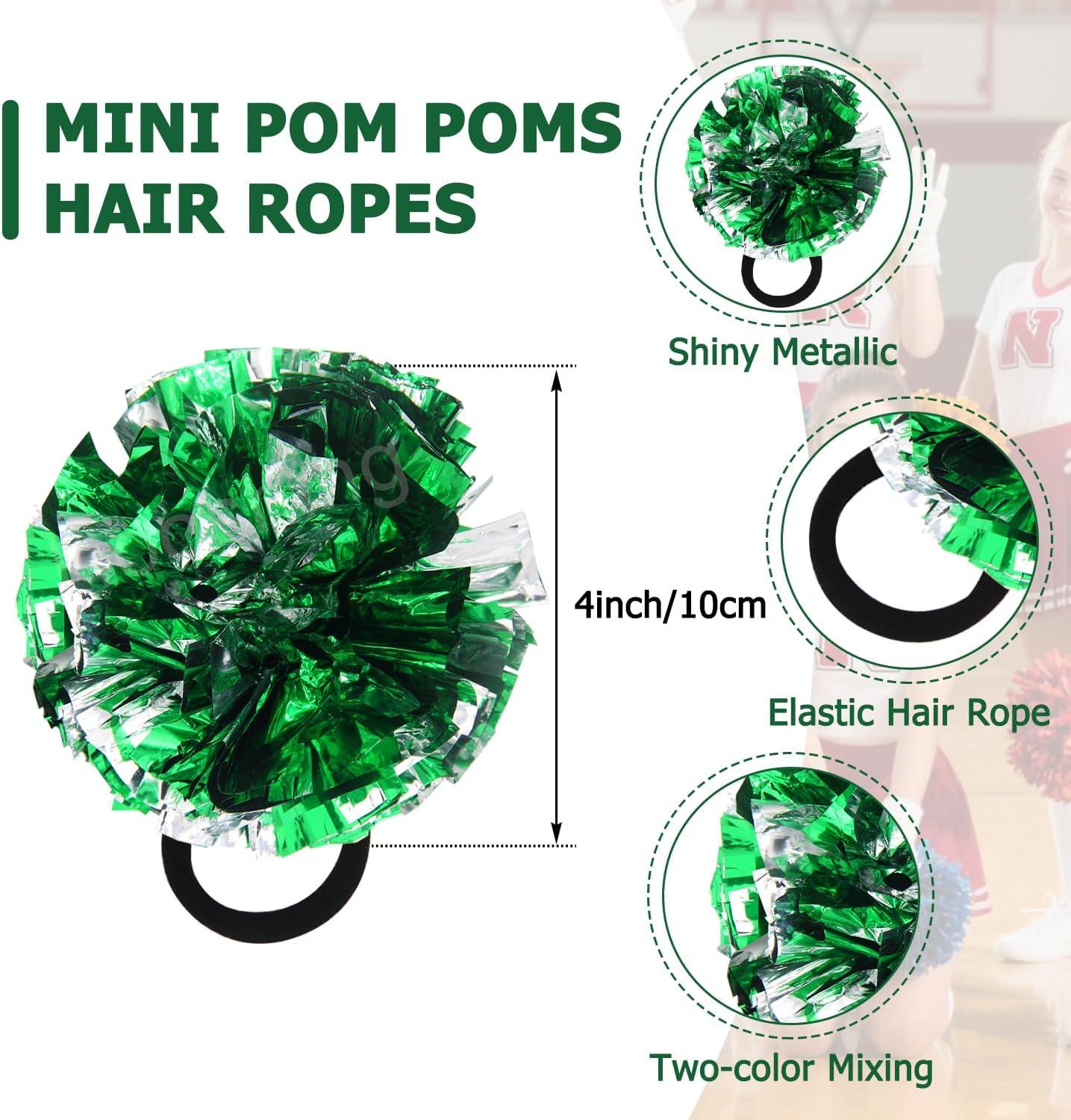 imageHooshing 5PCS Cheerleading Pom Poms and Cheerleader Girls Hair Ties with Poms for Sports Spirits Kids Adults Basketball Football Birthday Party PerformanceGreen and Silver