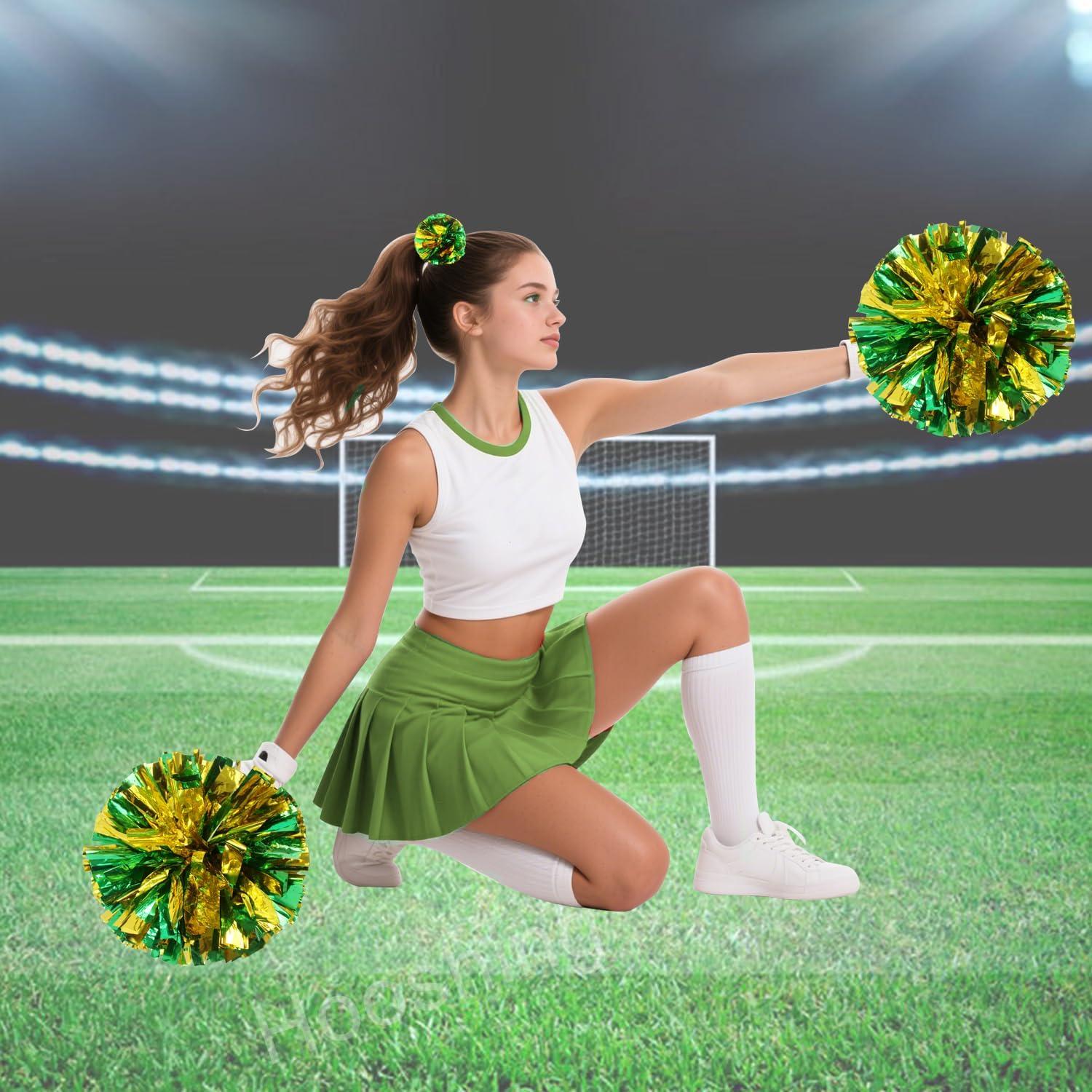 imageHooshing 5PCS Cheerleading Pom Poms and Cheerleader Girls Hair Ties with Poms for Sports Spirits Kids Adults Basketball Football Birthday Party PerformanceGreen and Gold