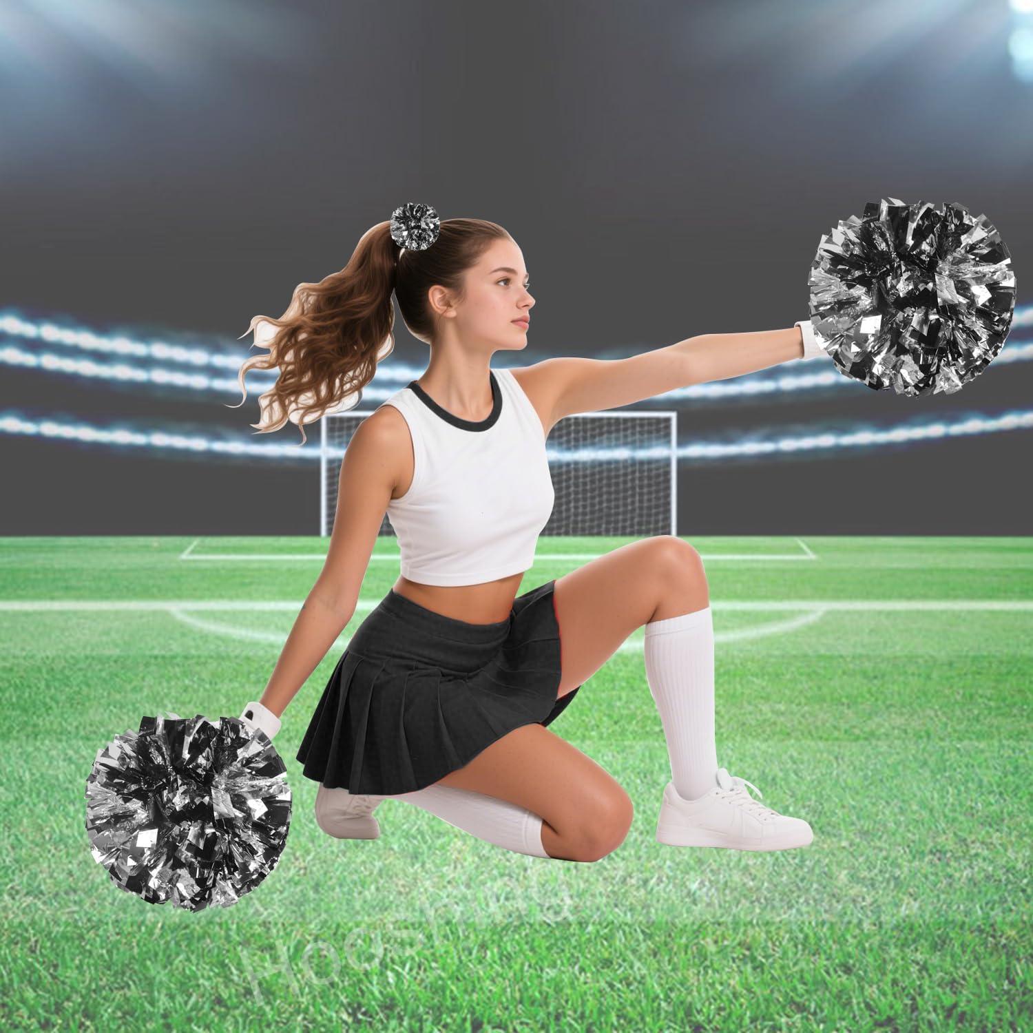 imageHooshing 5PCS Cheerleading Pom Poms and Cheerleader Girls Hair Ties with Poms for Sports Spirits Kids Adults Basketball Football Birthday Party PerformanceBlack and Silver