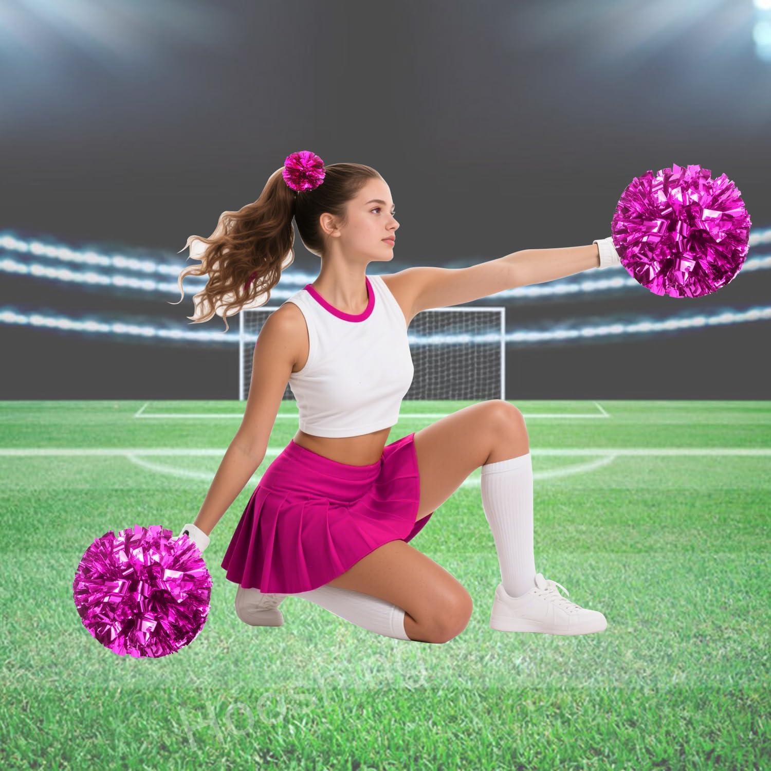 imageHooshing 5PCS Cheerleading Pom Poms and Cheerleader Girls Hair Ties with Poms for Sports Spirits Kids Adults Basketball Football Birthday Party PerformanceHot Pink