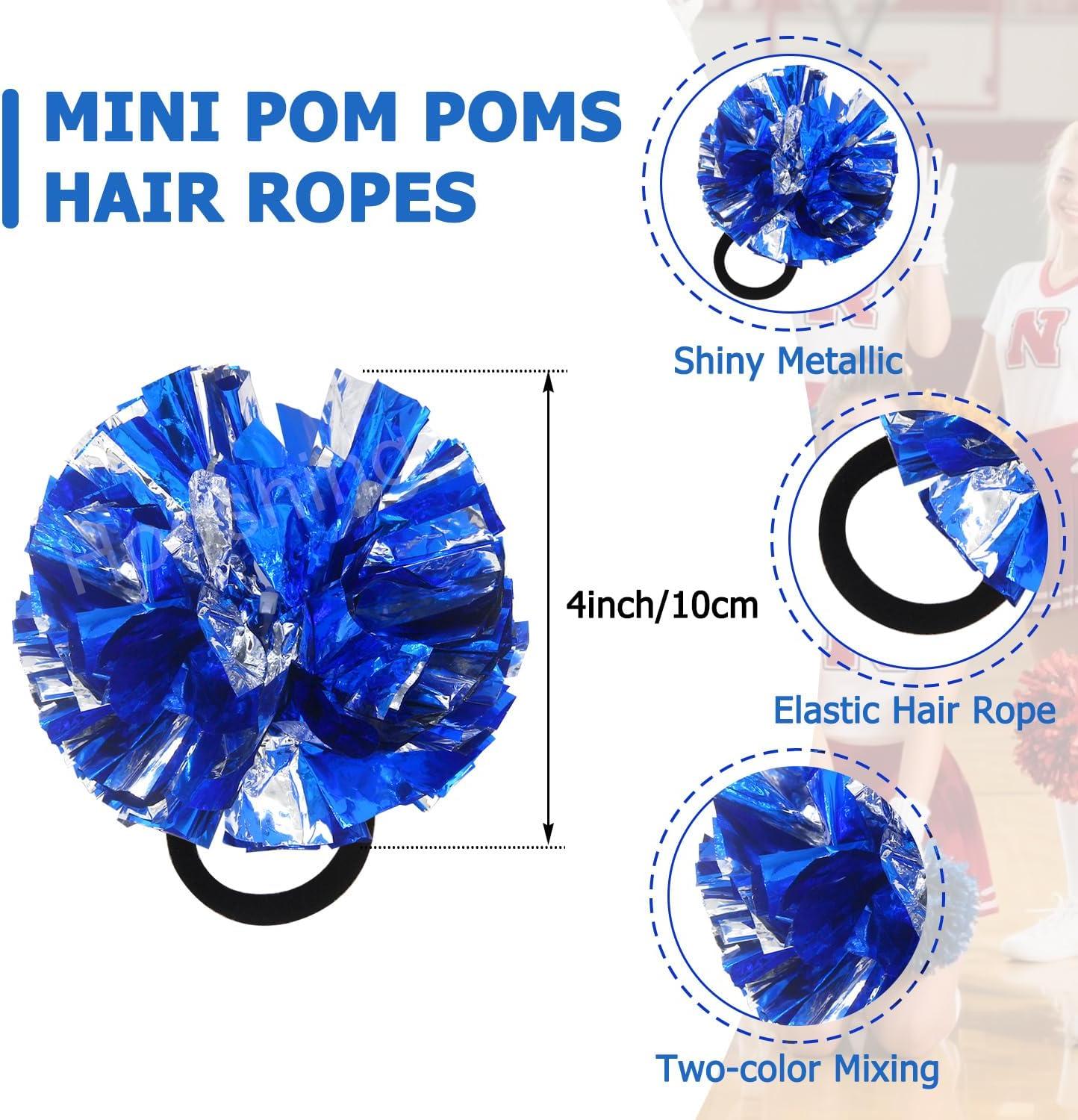 imageHooshing 5PCS Cheerleading Pom Poms and Cheerleader Girls Hair Ties with Poms for Sports Spirits Kids Adults Basketball Football Birthday Party PerformanceBlue and Silver