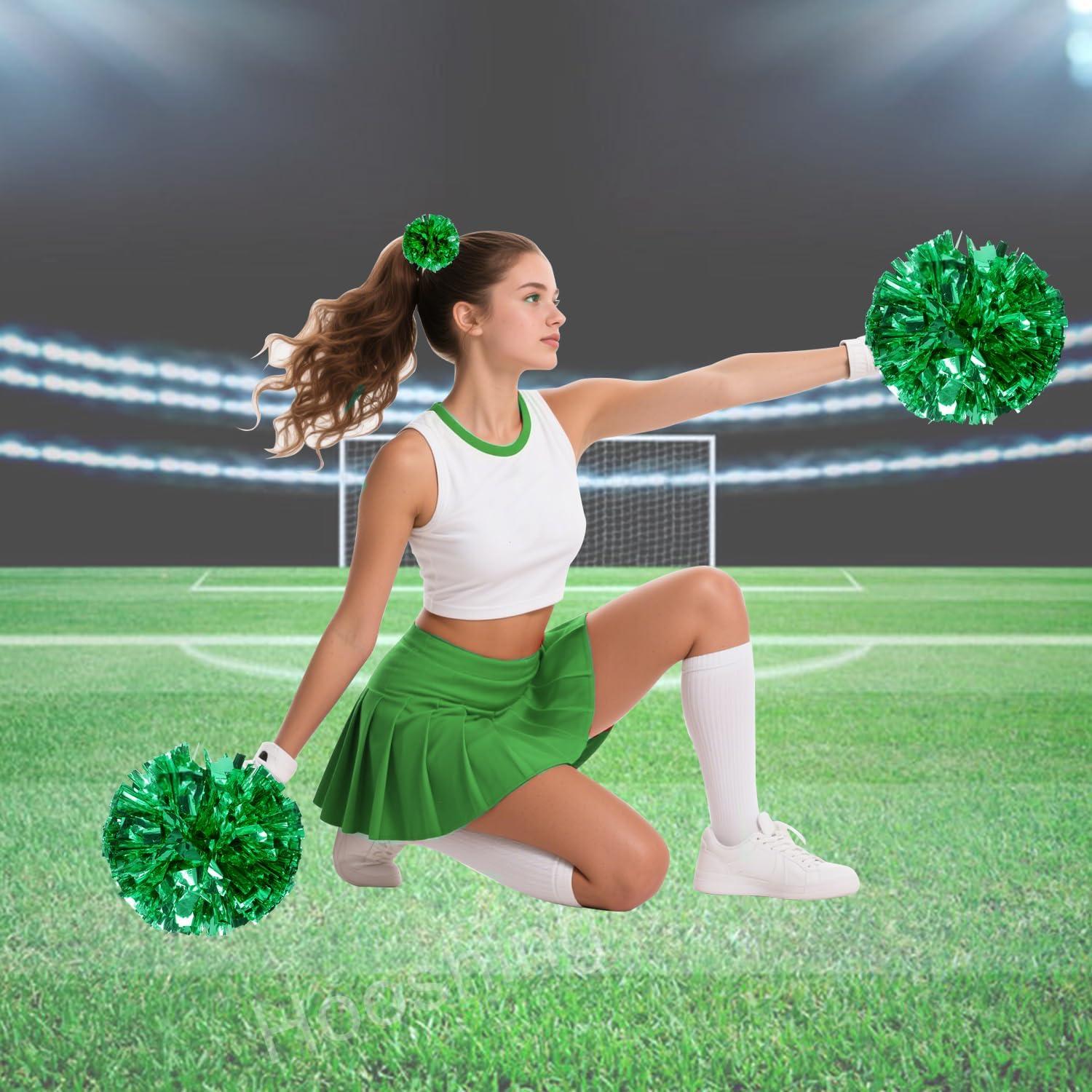 imageHooshing 5PCS Cheerleading Pom Poms and Cheerleader Girls Hair Ties with Poms for Sports Spirits Kids Adults Basketball Football Birthday Party PerformanceGreen